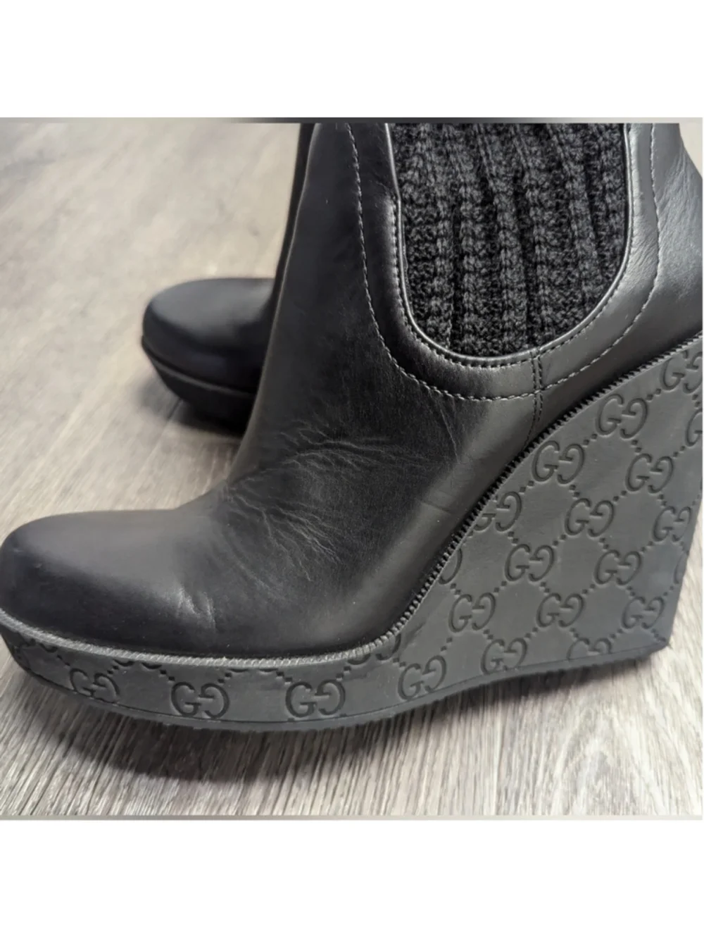 3X HP. GUCCI Black Leather GG Aspen Wool Babylon Knee High Wedge Boots